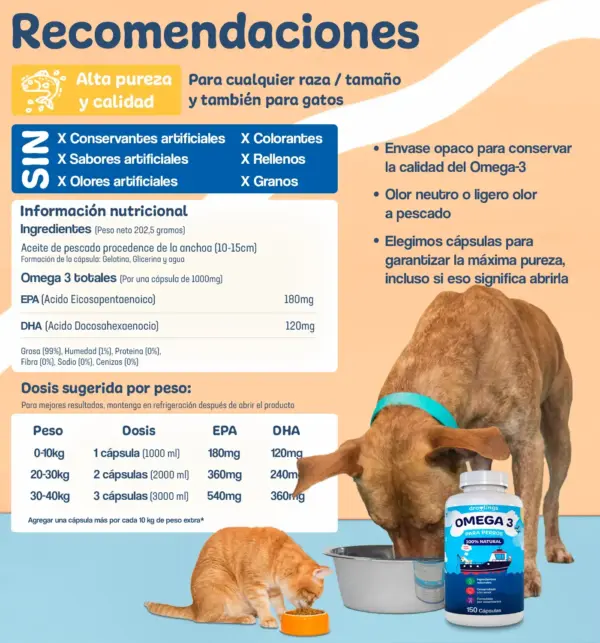 dosis diaria, ingredientes y recomendaciones generales para el oemga 3 para perros
